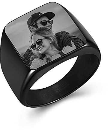 PiercingJak Personalized Signet Ring Engraving Picture Custom Photo Biker Rings for Men Women Memorial Stainless Steel Wedding Band Jewelry Size 14