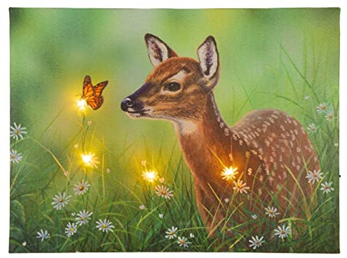 Nexos Trading LED Wandbild Leinwandbild mit Beleuchtung Fotodruck Rehkitz 30x40 cm 4 LED warm weiß mit Timer Kunstdruck Leuchtbild Wiese Vintage-Stil Reh
