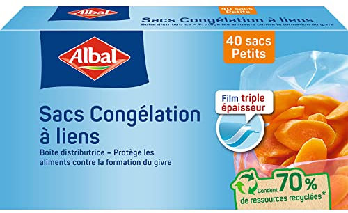 Albal - 40 Sacs Congélation à Liens - Petit Modèle 1L - Triple épaisseur - Boîte distributrice - Contient des ressources recyclées