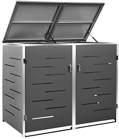 Hommdiy Mülltonnenbox für 2 Tonnen 138x77,5x112,5 cm Rahmen aus Edelstahl Mülltonnenverkleidung Müllbox Mülltonne Müllcontainer Gartenbox Gerätebox Mülltonnenschrank Anthrazit