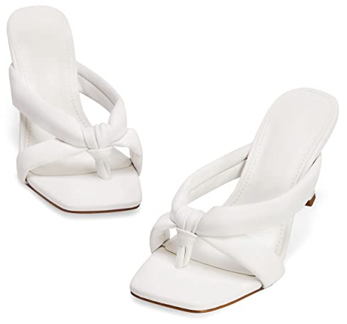Sandali da donna quadrati con tacco aperto infradito infradito tanga scivoli a stiletto slip on estate sexy Mule scarpe, bianco, 37 EU