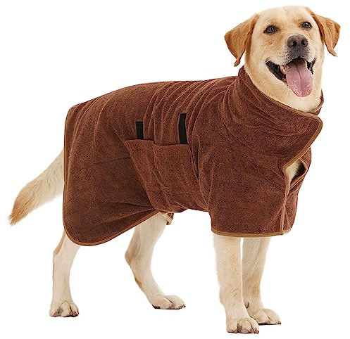 HezzLuv Super Absorbent Dog Bathrobe, Microfiber Dog Drying Coat, Pet Towel Robe for Small Medium & Large Dogs, Quick Dry Bath Towel, All-Season Dressing Gown (Brown XS)