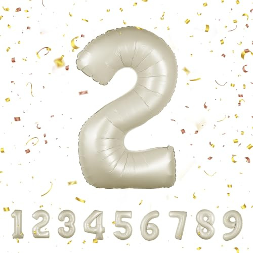 Ballon d'anniversaire en aluminium en forme de chiffre 2, taille XXL, 101 cm, décoration d'anniversaire pour enfant, beige avec du chiffre, gonflable à l'hélium, beige 2