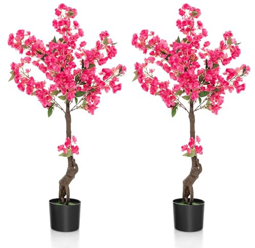 COSTWAY 105CM/3.4FT Artificial Plum Blossom Tree, Fake Floral Plant with 96 Flowers & Realistic Trunk, Indoor Faux Flower Tree in Plastic Nursery Pot for Home Office Front Porch Entryway (2)