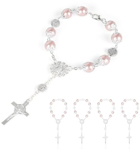 SWAWIS 10 Stück Taufe Rosenkranz Armband Kreuz Armband Rosenkranz Katholisch Taufe Deko Kommunion Mädchen für Geburtstage, Kommunion Gastgeschenke Taufe Party Rosenkranz Auto, Rosa