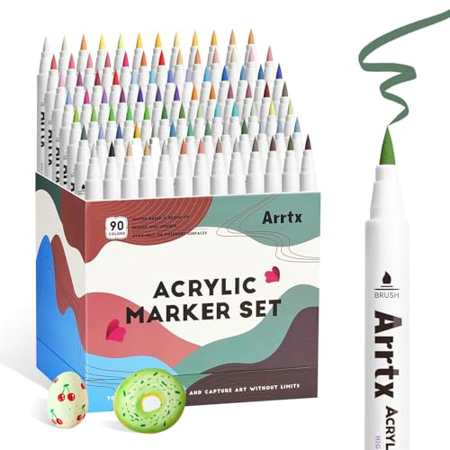 Arrtx Acrylstifte für Steine wasserfest, 90 Farben Acrylstifte Marker Pinsel Spitze, Stifte Steine Bemalen, Acryl-Farbstifte für DIY, Felsmalerei, Keramik,Glas, Holz,Leinwand-90A