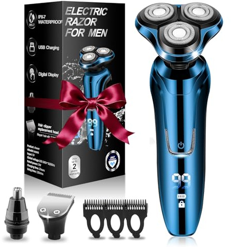 Electric Razor for Men, 3 Floating Heads Waterproof Wet Dry Shaver for Men, LED Display Cordless with Rechargeable Nose Hair Trimmer and Beard Trimmer,Prtable Travel Men's Razors