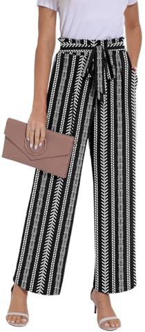 PrinStory Trousers For Women UK Elasticated Waist Lightweight Summer Pants Causal Wide Leg Palazzo Trousers Beach Work (Bohemian Stripes, L)