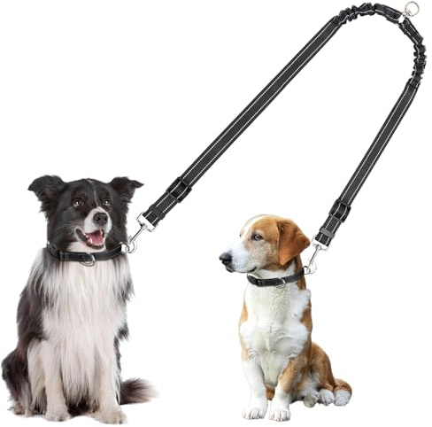 Adjustable Double Dog Lead, Pet Trainer Dual Dog Lead for Walking 2 Dogs No Tangle Splitter with 360°Rotation Chrome Hooks 70cm Twin Pets Leash Shock Absorb Perfect for Medium Large Dogs (Black)