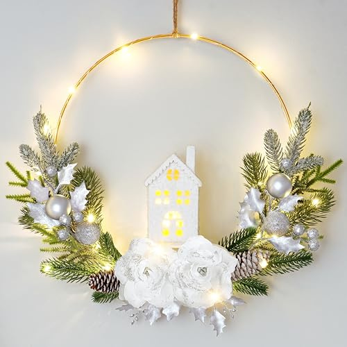 Dremisland Prelit Christmas Wreath for Front Door 42cm Artificial Christmas Door Wreath with Lights Silver Rose Farmhouse Xmas Winter Wreath for Christmas Decoration Wall Fireplace Mantle