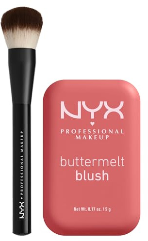 NYX Professional Makeup Buttermelt Blush in Polvere 09 Feeling Butta con Burro Mango Mandorle e Karité + Pennello Viso Pro Brush Buffing con Setole Arrotondate - Set da 2