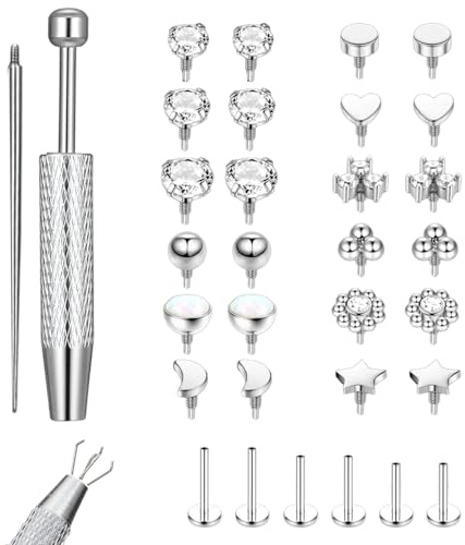 16G Flat Back Stud Earrings for Women Men, 316L Surgical Stainless Steel Internal Thread Tragus Helix Cartilage Conch Nose Medusa Piercing Jewelry With Piercing Ball Grabber Tool
