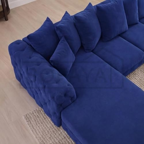 Sofaya Chesterfield Plush Corner L Shaped Sofa with Deep Tufted Buttons,Left or Right Hand Option – Chaise Sofa Couch with Scatter Cushions for Living Room (Blue Plush, Left Hand Chaise)