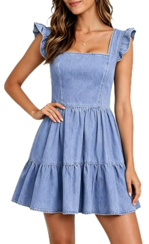 Fengbay Denim Dresses for Women Square Neck Spaghetti Strap Jean Mini Dress | Tiered A-line Skirt,High Waist Fit,Smocked Back & Side Pockets,Stretch Cotton Denim,Suitable For Daily Casual & Occasion Wear
