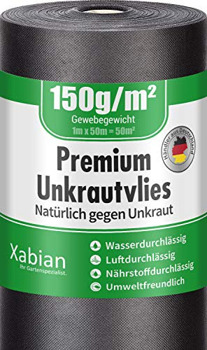 Xabian Anti Unkrautvlies 150g/m² Gartenvlies Rolle 50m x 1m = 50m² I Unkrautfolie sehr hohe UV-Stabilisierung - extrem reißfest und wasserdurchlässig