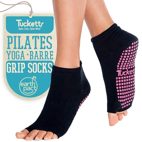Tucketts Anklet Toeless Non-Slip Grip Socks, Made in Colombia, Full Ankle Style Perfect for Yoga, Barre, Pilates, One Size Fits Most, 1 Pair, Classic Black
