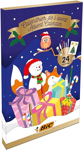 BIC Calendario dell'Avvento, Penne a Sfera, Matite Colorate, Pennarelli, Evidenziatori, Colori Assortiti, Set Cancelleria 24 Articoli, Idea Regalo di Natale, Bambini e Adulti