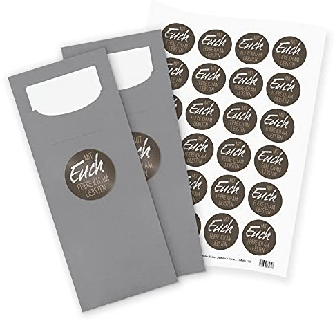 itenga 24x Bestecktaschen GRAU Mit euch feiere ich am liebsten Pochetten inkl. Serviette und Sticker Aufkleber Tischdeko Einweggeschirr