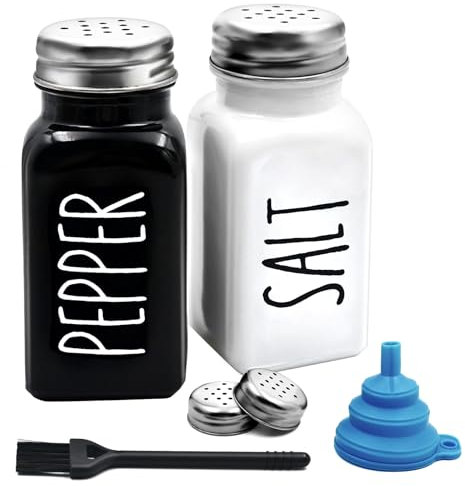2 x Set Sale e Pepe Jar Country, Vetro Bianco e Nero Vintage, 4 Coperchi in Acciaio Inossidabile, 1 Spazzola per La Pulizia, 1 Imbuto, Arredamento Moderno per la Cucina in Stile Rustico