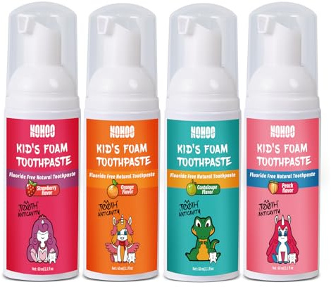 NOHOO Fluoride Free Foam Toothpaste Kids Fruit Flavour,Natural Training Toothpaste for Baby Toddler Children Oral Cleaning and Cavity Protection Strawberry Orange Peach Cantaloupe