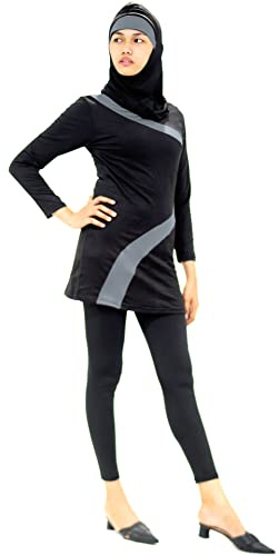 Musuly Burkini Negro Y Gris – Combinación Traje De Baño con Velo (50)