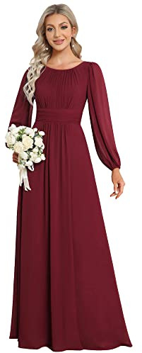 Ever-Pretty Vestido de Fiesta A-línea Corte Imperio Mangas Abullonadas Chiffón Escote Redondo Largo para Mujer Cómodo Burdeos 44