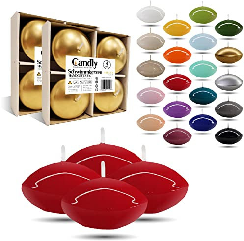 CANDLY HANDMADE Grandes 4x Bougies flottantes Premium Ø 70 mm | Anniversaire & Jour du Nom, Réception de Mariage, Saint Valentin, Pâques, Noël, Décoration de maison élégante, Candles (Rouge)