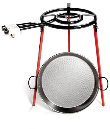 Verano Spanish Ceramics Double Ringed Gas Burner 400 mm with 46cm Polished Steel Paella Pan & UK Adaptor - Tripod Stand 75cm Tall - Home Camping Holiday Outdoor Cooking Paella Kit