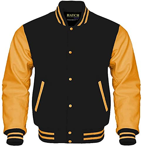 Hatch Sports Mens Varsity Jacket Wool Body Genuine Leather Arms Letterman Jacket College Varsity Jackets (as1, alpha, l, regular, regular, Black-Gold)