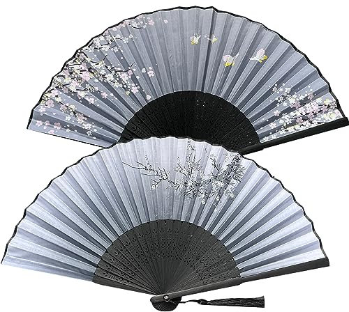 Abanico plegable de bambú de seda negro ventilador con 2 bolsas de almacenamiento, tradicional abanico plegable abanico decorativo oriental para hombre, niño y niña.