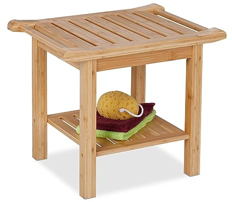 Relaxdays Banco Baño Bambú, Taburete con Balda Adicional y Asas, Banqueta Cocina o Pasillo, 45 x 55 x 40,5 cm, Natural