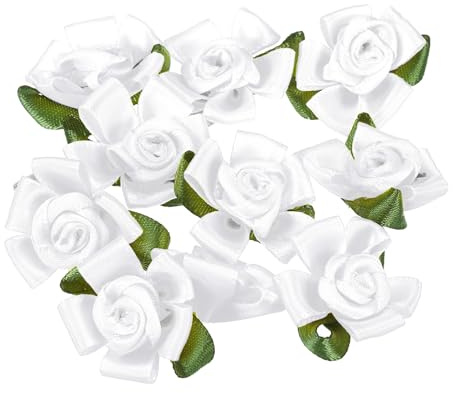 PATIKIL Mini Rose di Nastro di Raso, 30 Pezzi Piccole Rose di Tessuto con Foglie Verdi per Progetti di Artigianato, Decorazioni, Applicazioni, Bianco