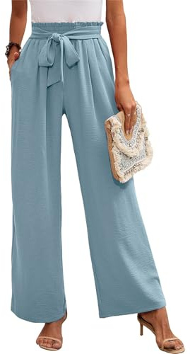 MorFansi Femme Pantalon Jambe Large Haute Taille Elastique Été Jogging Confortable Pantalons Fluide Décontracté Pants de Plage avec Poches (Bleu,L)