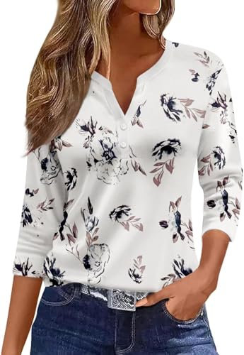 Arevill Damen T-Shirts 3/4 Ärmel Gestreift V Ausschnitt Oberteile Lässige Casual Streifen Henley Tshirt