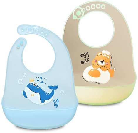 EIHI Baberos de Silicona - 2 Piezas Baberos Bebe Impermeables de Silicona - Babero Silicona Bebe libre de BPA - Súper Suaves - 6 Tamaños Ajustables con Bolsillo Grande para Atrapar Comida