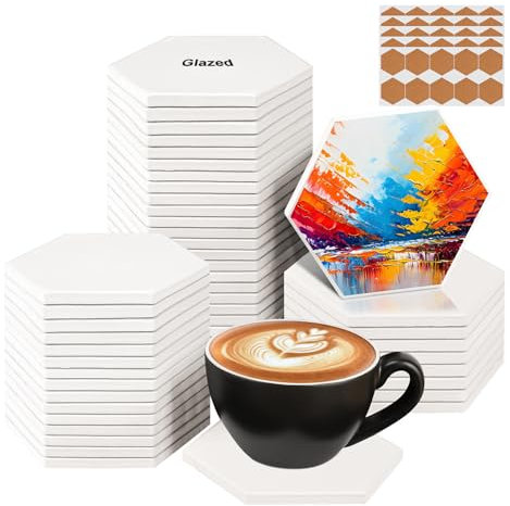 IHDYPPEW 50 Pack 4 inch Hexagon Sublimation Ceramic Tiles for Crafts, Sublimation Ceramic Coasters Tiles with Cork Backing Pad, Perfect for DIY Crafts and Sublimation Projects(Glazed)