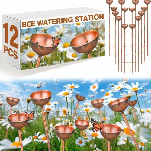 Teenyyou 6 Pcs Bee Watering Station for Garden Bee Metal Watering Cups