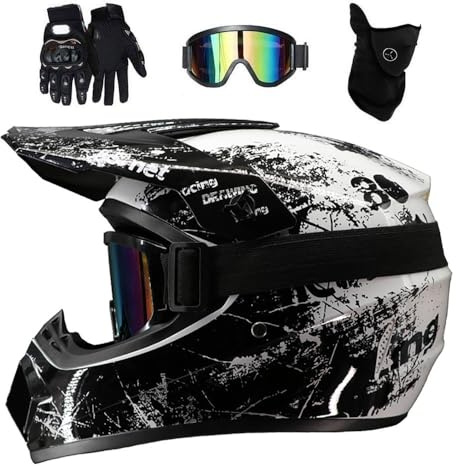 Doppelsport Motocross Helm Satz, Jugend Kinder Integral Offstraße Rennen Motorrad Absturz Helme, Bergab BMX MTB ATV Enduro Quad Dirtbike Helm, mit Brille Handschuhe Maske(White Black,S/52-53CM)