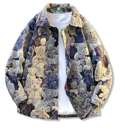 GMOYD Chaqueta de mezclilla con estampado de oso para hombre, unisex, diseño vintage, Azul, Large