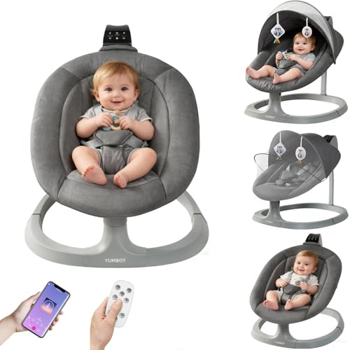 YUMBOT Hamaca de Bebé Eléctrica,Mecedora para Niños con 5 Puntos, Hamaca bebé, con Mando a Distancia y Blueteeth para conectar al Smartphone,Silla Mecedora para 0-12kg de Bebé,Gris Oscuro