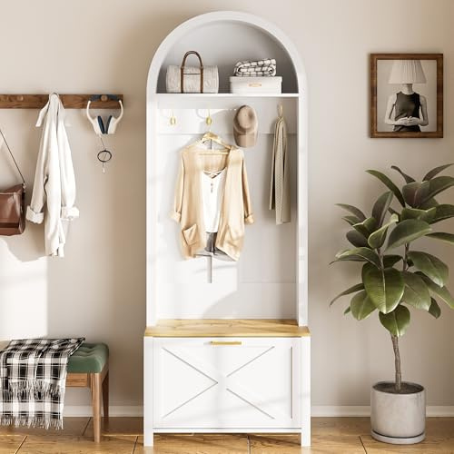 Armario multifuncional con zapatero, estante y gancho, para entrada, patas de hierro resistentes, almacenamiento práctico, 75 x 35 x 195 cm (blanco)