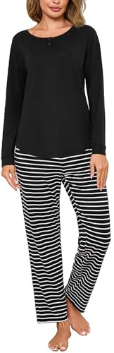 Crewhpo Pijama Mujer Invierno Conjunto de Pijamas Algodón Rayas Pijama Manga Larga Ropa de Dormir Cuello en V Camiseta y Pantalones Largo