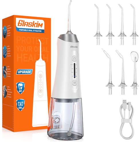 Jet Dentaire Hydropulseur et Irrigateurs Oral - 320ML Réservoir Grande Capacité, 4 Modes de Nettoyage, 8 Buses Interchangeables, IPX7 Étanche, Portable pour Maison & Voyage, Blanc Nacré
