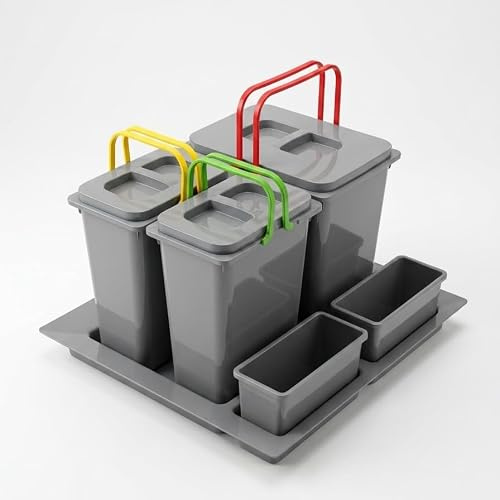 FurniFit Système de Tri Sélectif Cuisine pour Meuble de 60 cm 3 Bacs 52,5x49x40 cm (1x 20L + 2x 9L) avec Couvercle Poubelle Encastrable pour Tiroirs Set de Bacs à Ordures Argenté