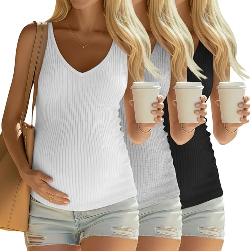 Sweetyweee 3 Pack Maternity Tank Tops Ribbed V Neck, 3-Color M