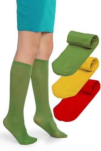 LORES Alma Pack de 3 Medias hasta la Rodilla Niña 40 DEN Verde/Amarillo/Rojo, Calcetines Altos Microfibra Opaca, Suaves y Elásticos con Banda Confort, Colegio y Uniforme (Talla 24–37)