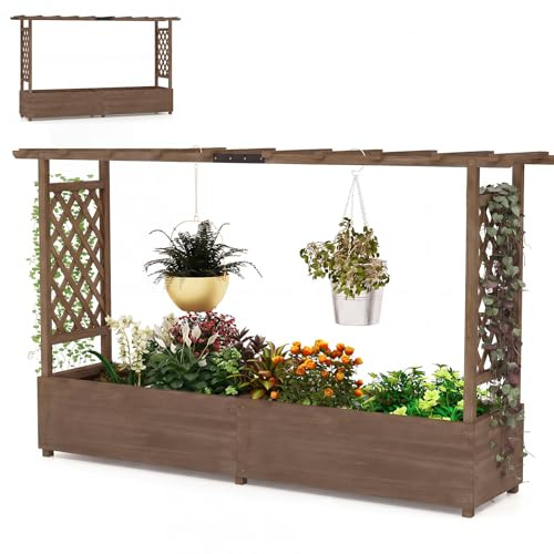 HOMASIS Jardinière Surélevée avec 2 Treillis & Étagère de Toit (Marron) | Bac à Fleurs Surélevé en Bois Extérieur pour Plantes Grimpantes, Support de Plantes en Sapin pour Jardin Balcon, 200x44x114cm