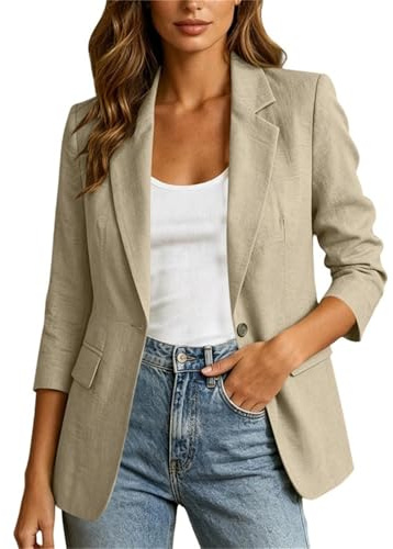 Ladies Summer Blazer - 3/4 Sleeve Collared Neck Button Front Jacket UK Business Casual Suit Coat Outerwear with Pockets Lightweight Work Blazers Smart Blouse Office Autumn Daily Jackets