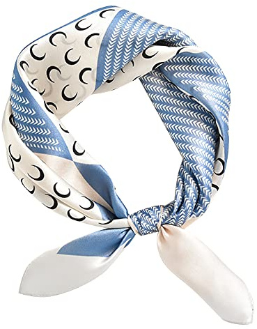 MEISEE Pure Mulberry Silk Scarfs Women Small Square Scarf 21 x 21 Breathable Lightweight Neckerchief Printed Headscarf (C-70 Light blue geometry)