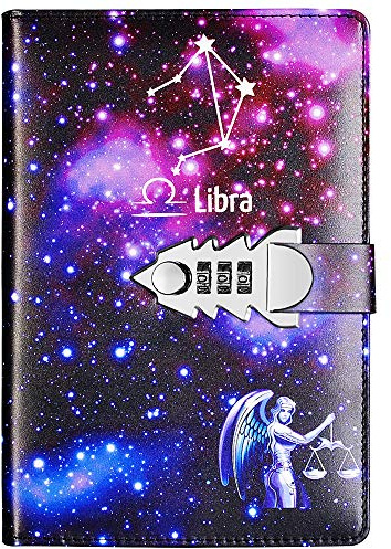 Läder resedagbok, tolv konstellationer DIY anteckningsbok med resekod, födelsedagspresent för pojke, flicka, A5, TPN145 (Libra)